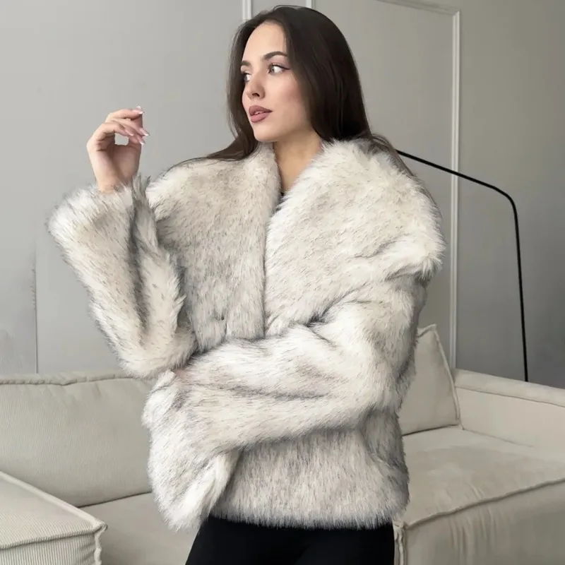 معطف فرو مزيف شتوي من Tuularose موضة فضفاضة غير رسمية سميكة دافئة بأكمام طويلة وطية صدر السترة معطف تويد نسائي أنيق عالي الشارع سترة قطيفة