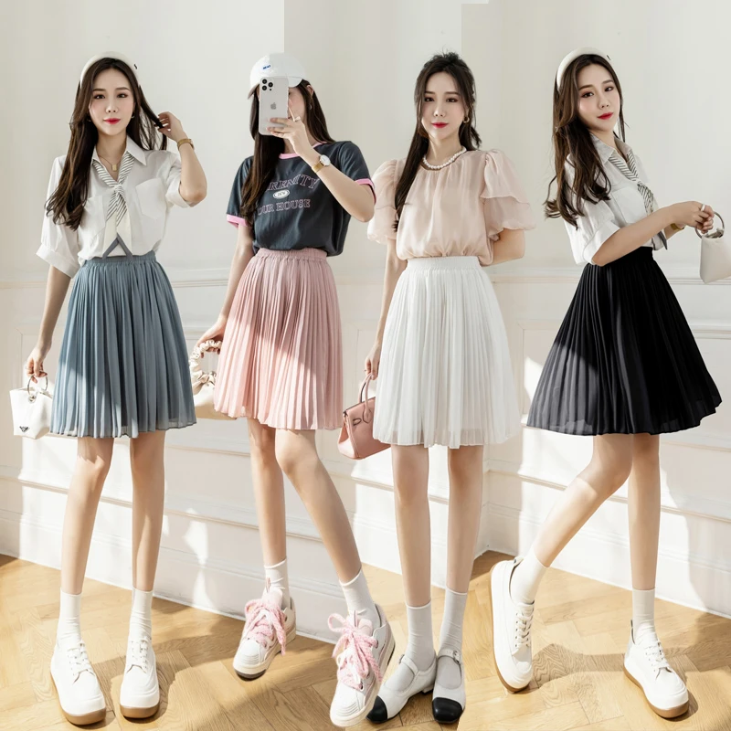 Qiukichonson White Black Pleated Skirt Women Summer Korean Fashion Solid Color High Waisted Ladies Short Chiffon Skirts Mini