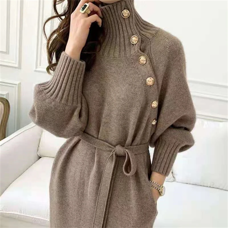 

Woman Tops 2026 New Autumn Winter Tied Slim Waist Knit Dress High Neck Button Solid Joker Temperament Commuting Long Sweater