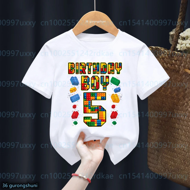 2023 novas crianças 4-9th aniversário mestre construtor bloco edifício meninos tshirt festa de aniversário vestido bonito crianças camisa meninos topos