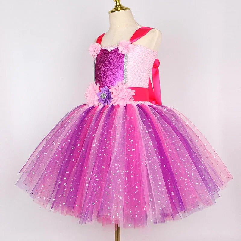 キラキラパープルピンク妖精コスチューム女の子用フラワーフェアリープリンセスドレス子供ハロウィン衣装クリスマスチュチュ羽付き S@0Z*