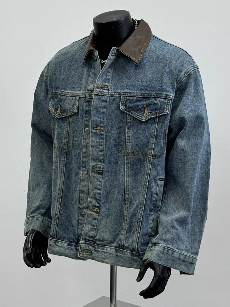

Retro American Sle Men's Denim Jaet with Leather Collar Waed out Spring Autumn Winter Workwear Utili Jaet