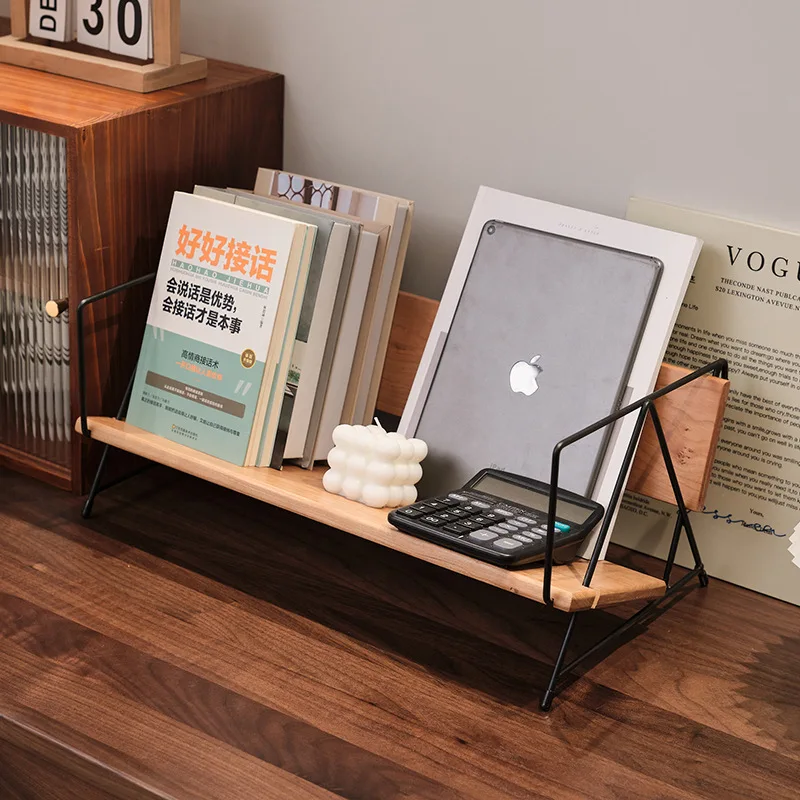 

Nordic Japanese-style Desktop Wrought Iron Solid Wood Small Bookshelf Books Simple Storage Shelf Desk Shelf