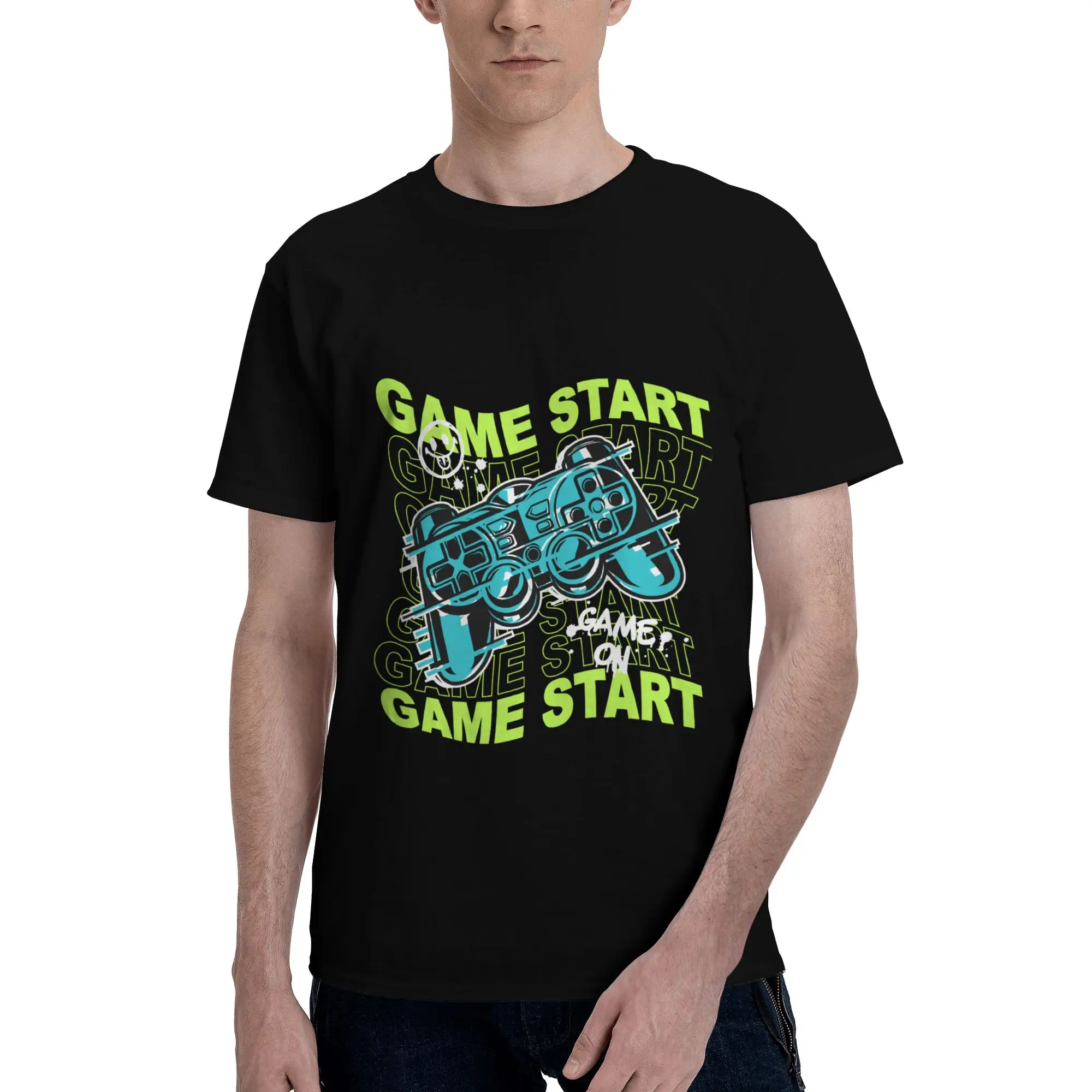 Game Start Green Controller Print Men T-Shirt Clothes Washed Tee Shirt Short Sleeve Summer Casual Fashion Loose