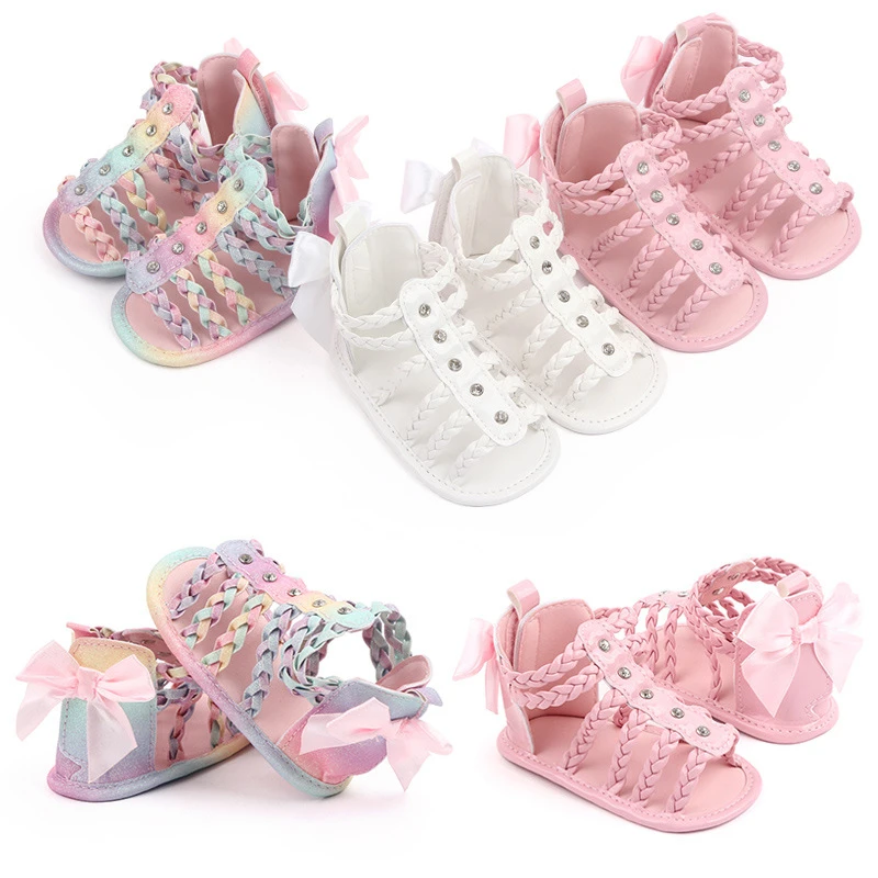 Babyshoes Girls Roman Sandals Open Toe Braided Solid Color Simple Rivets New Summer Hollow Flat Casual Shoes Kids Fashion Casual