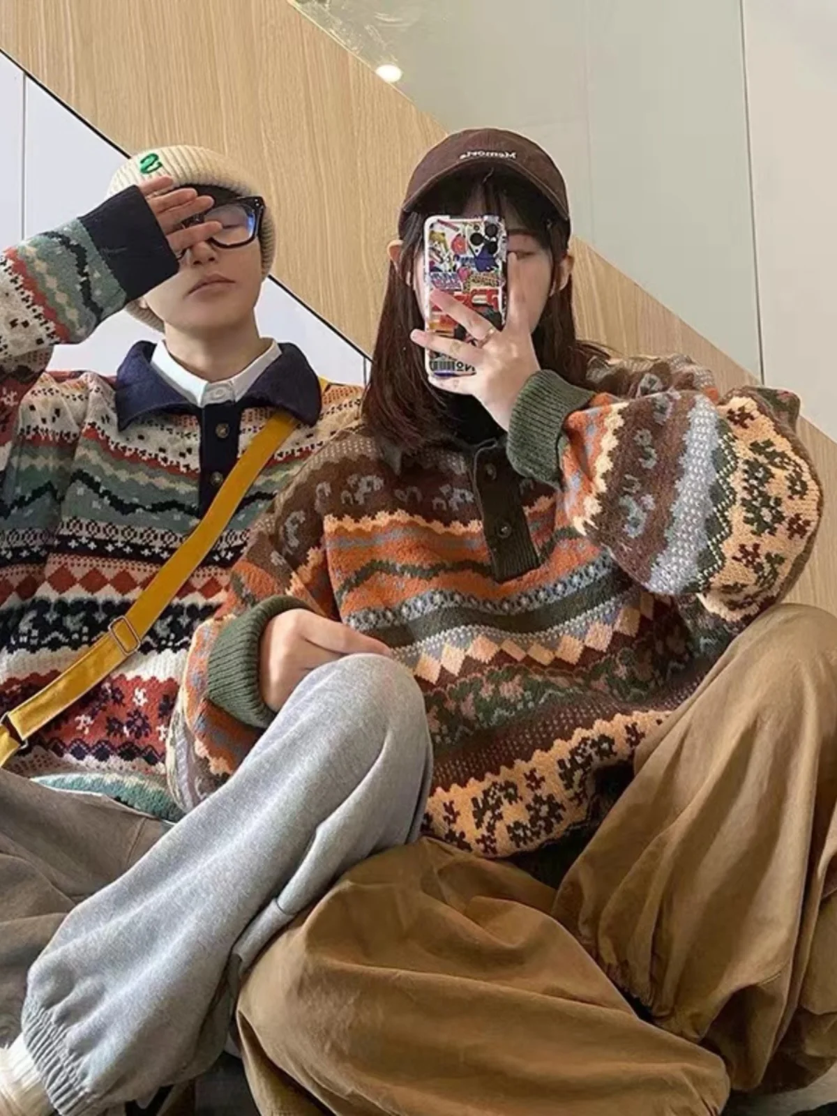 

Осенне-зимний утепленный вязаный свитер с воротником, свободный крой, мужской базовый слой, парный, модный, с ромбовидным узором, в японском ретро-стиле