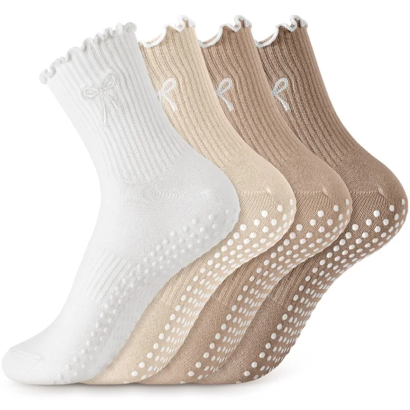 Ladies' Cute Anti Slip Pilates Socks Set of 4, with Ruffled Edges That Won't Slip Off, Mid Tube Yoga Garter and Bow