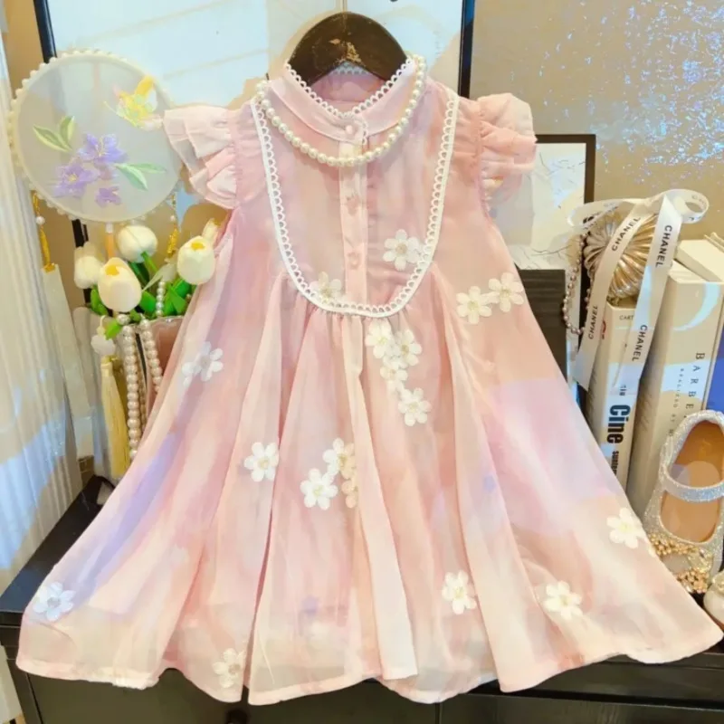 Girls' Chinese-style vest dress, new summer fashion, stylish children's dress with high-end feel, flying sleeves, mesh and embro