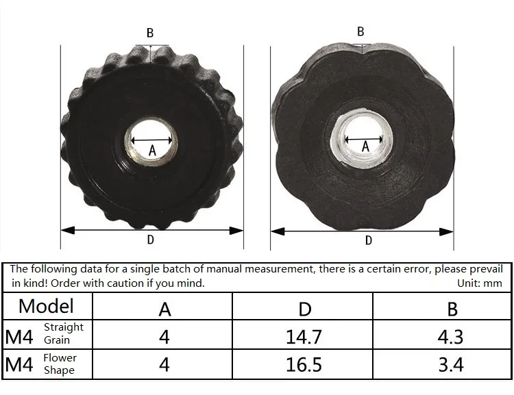20/50/100/200/500 Stück M4 Kunststoff-Klebekopf, gerade Maserung/gemustert, Durchgangsloch, manuelle Einstellknopfmutter