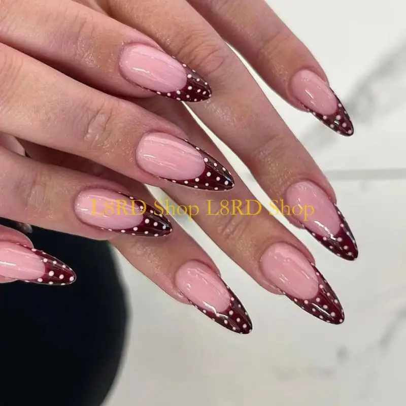 L8RD Press On 24pcs Wine Red White Polkas French Design False Breathable ABS Construction For Sensitive Fingers