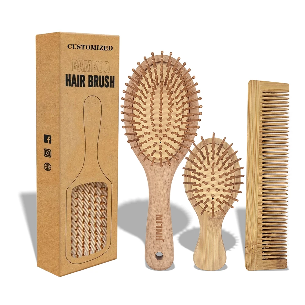 

Wholesale Detangling Bamboo Detangler Wood Round Paddle Scalp Massager Hairbrush Hair Comb And Brush Set For Curly