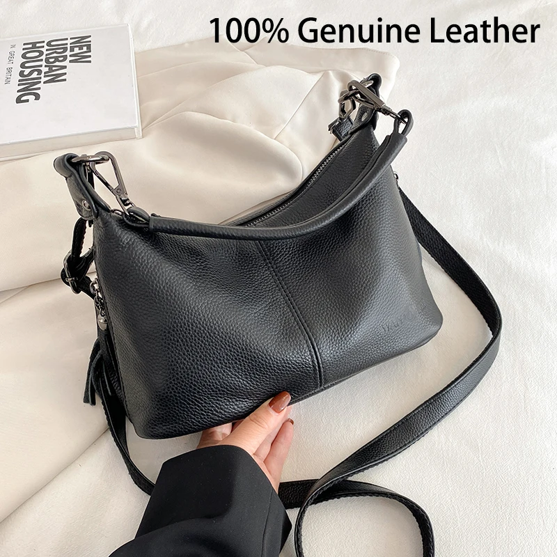 High Quality Cow Leather Women Shoulder Crossbody Bags Luxury Tassal  Bags Casual Genuine Leather Handbag Female Tote Sac 2024