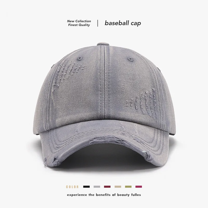 Washed distressed spring/summer soft-top coated plain baseball cap for men with large head circumference