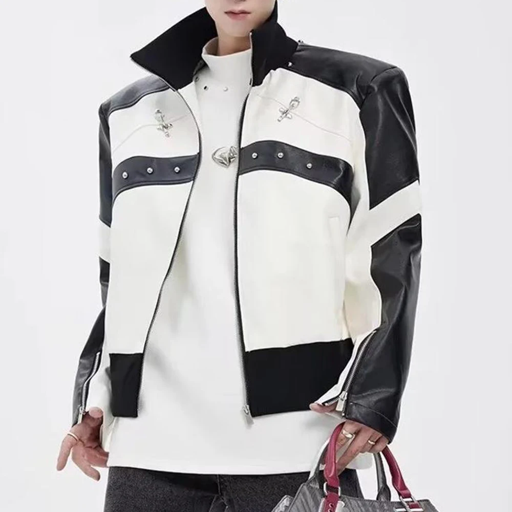 Mens Black White Color Block Pu Leather Cropped Biker Jacket Streetwear Fashion Youth Outdoor Casual Moto City Boy Outerwear