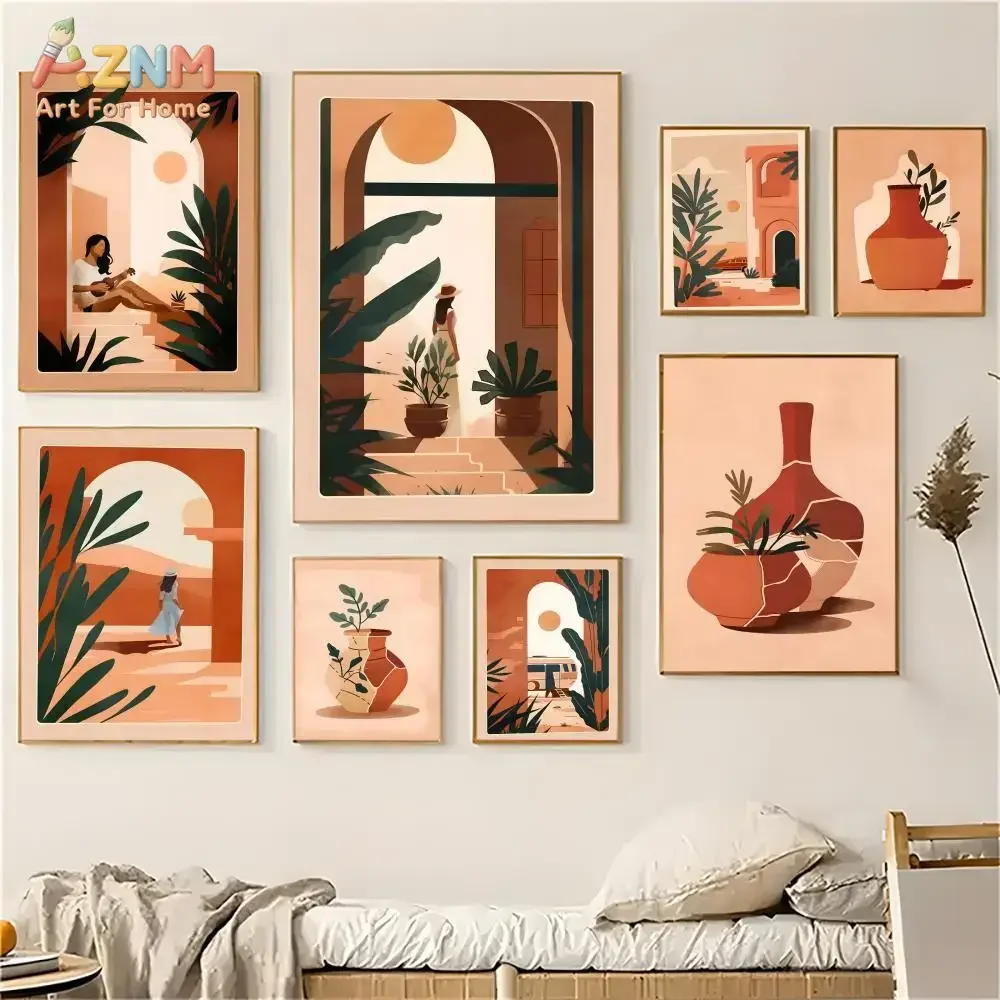 AZNM Impression sur toile Terracotta Bohème Méditerranéen, Motif Fenêtre en arche, Femme, Vase à plantes, Coucher de soleil dans le désert, Tons neutres et chauds, Poster mural pour la maison