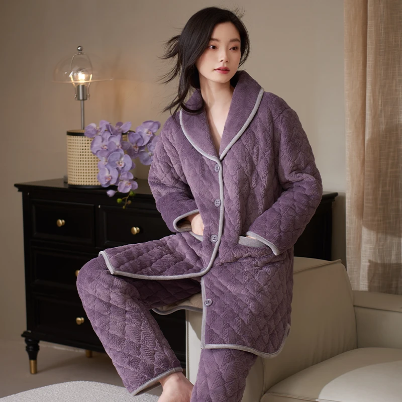 Coral velvet quilted pyjamas female three layer thick warm winter quilted jacket women's pajamas solid pijamas mujer inverno
