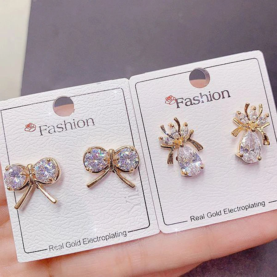 10 Pairs/Pack Luxury Zircon Inlay Copper Material Ladies\' Earrings Elegant Versatile Mixed Style Earrings Jewelry Gifts