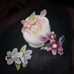 Antique Chinese Hanfu Hair Clips Glass Flowers Hairpin Girls Fairy Pearl Headdress Traditional Hanfu Headpiece Ancient Jewelry