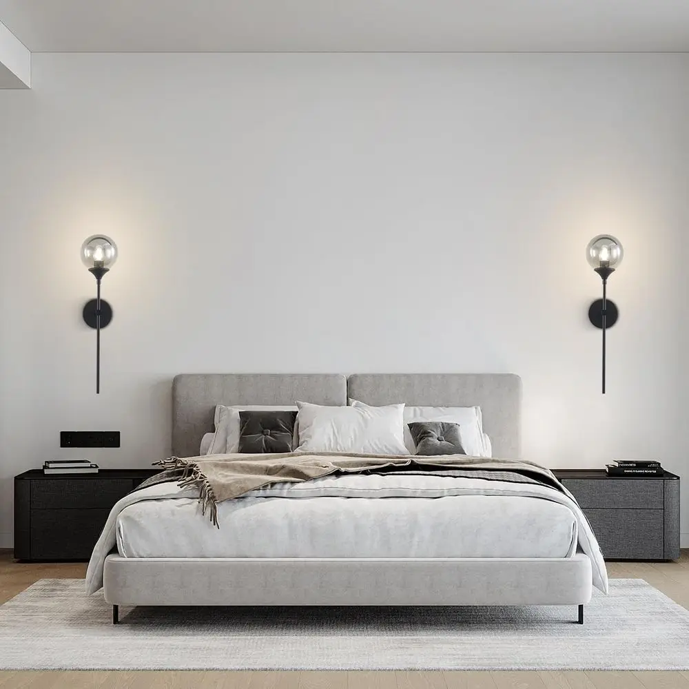 โคมไฟติดผนังสไตล์โมเดิร์นสีดำด้านแบบมิดเซ็นจูรี่ พร้อมกระจกสีเทาควันบุหรี่แบบวินเทจ สำหรับห้องน้ำหรือห้องนอน