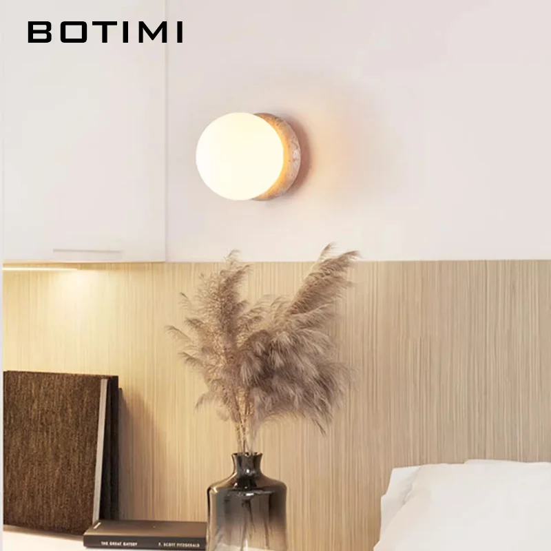 

BOTIMI Nordic Round Stone Wall Lamp Modern Glass Wall Sconce Modern Metal Bedside Light White Decorative Wall Lighting Fixture