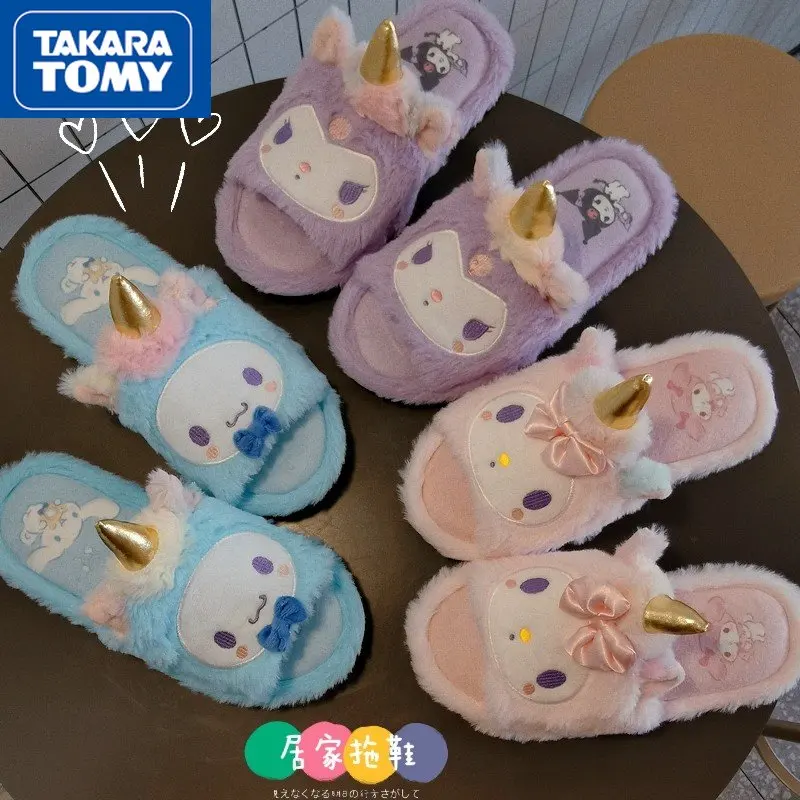 

TAKARA TOMY Cute Hello Kitty Autumn Winter Plush Cartoon Open-toed Slippers Women's Indoor Non-slip Home Sandals and Slippers