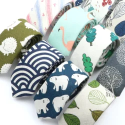 Nouvelle cravate en lin de dessin animé, slim, décontractée, pour fête de mariage, costumes classiques, imprimé Animal Floral, cravate de cou, cadeau