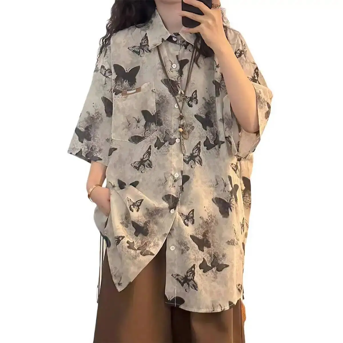 Butterfly Blouse Ladies Long Sleeve Women Shirt Beach Shirts Kawaii Summer Clothes Cover-Up Top Casual