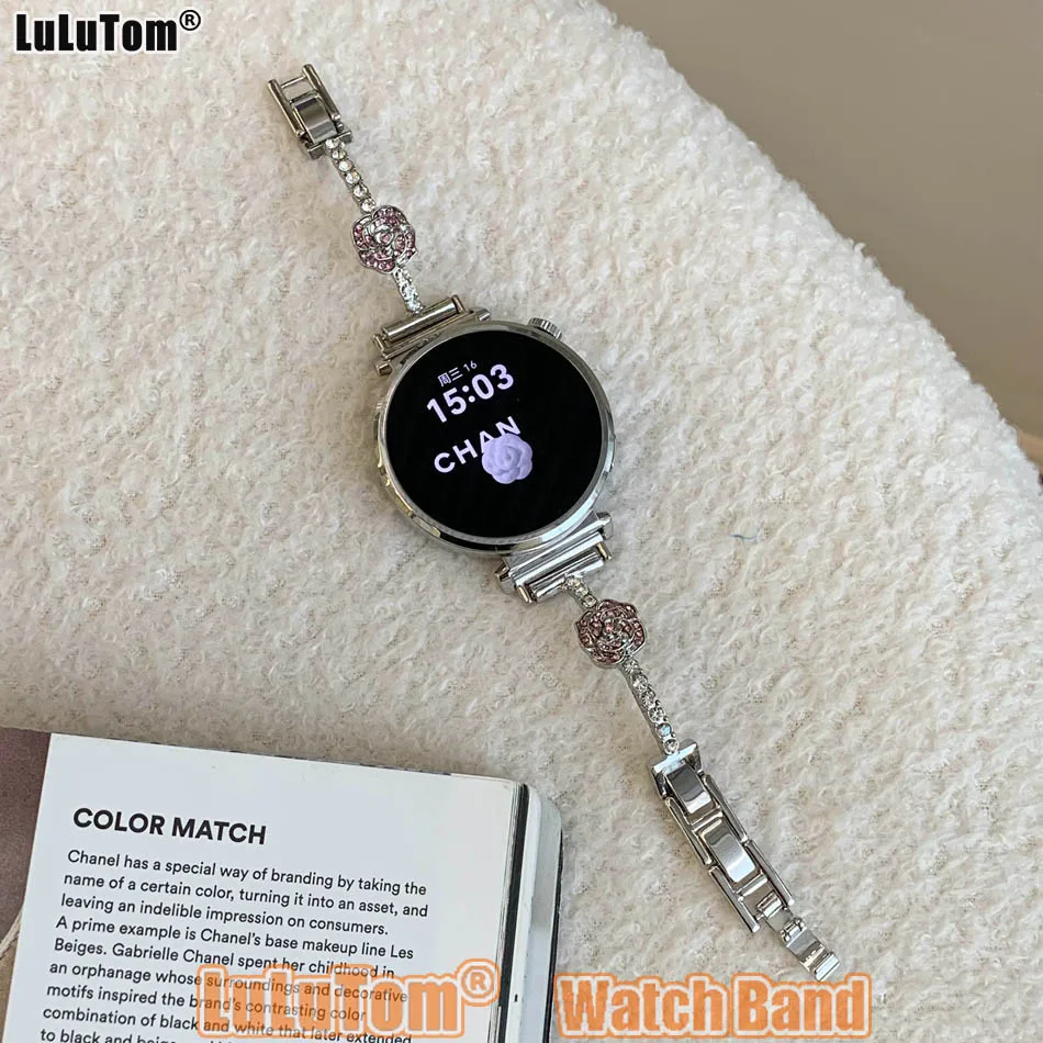 

Ремешок для часов Samsung Galaxy Watch 8 Ultra 2 7 6 5 4 44/40 Металлический ремешок с камелией и цирконием Huawei GT5 Pro 42/46 18/20/22 мм Браслет