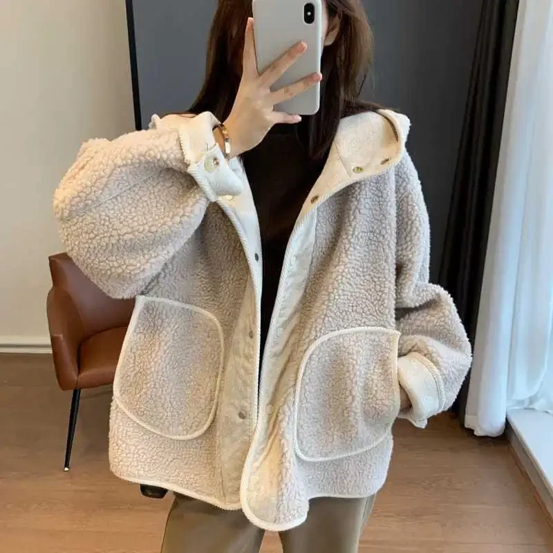 Autumn and Winter Lamb Wool Hooded Patchwork Jacket, Korean Version of Solid Color Loose Casual Single-breasted Downy Coat Women