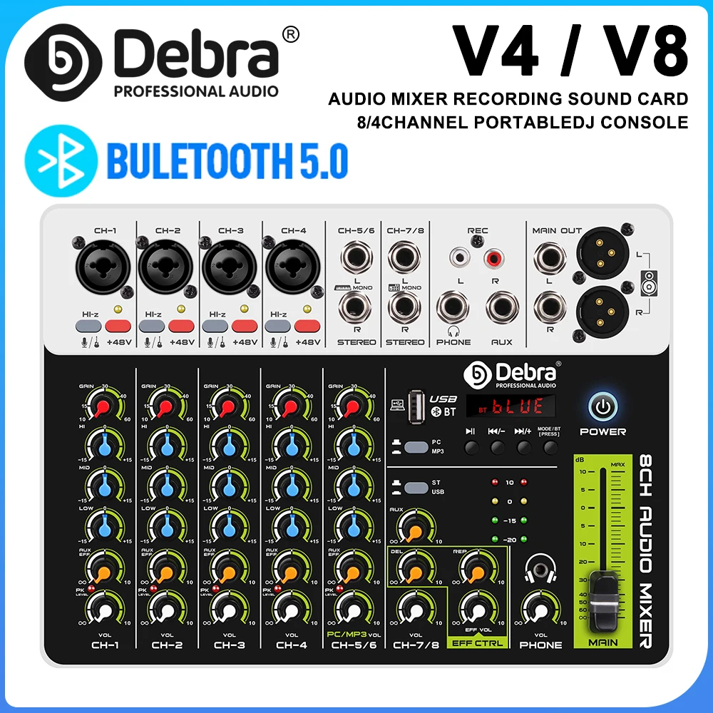 V4 V8 Audio Interface Mixer with Bluetooth 5.0 Phantom Power for Computer Recording, Stage, Band Delayed Replay Effects DJ Mixer