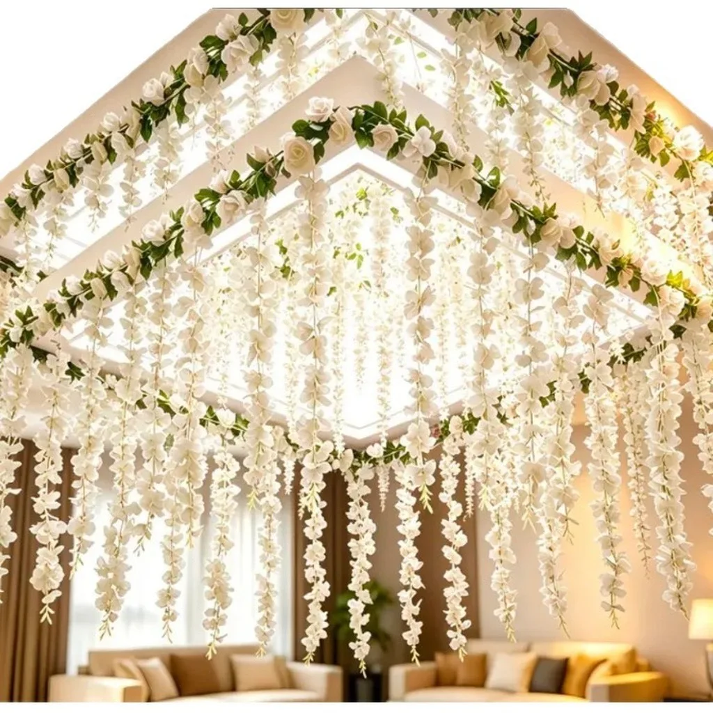 Decorative Flower Vine Natural Artificial White Rose Hanging Flower Decoration Flexible Wisteria Flower Vine For Ceiling view 3