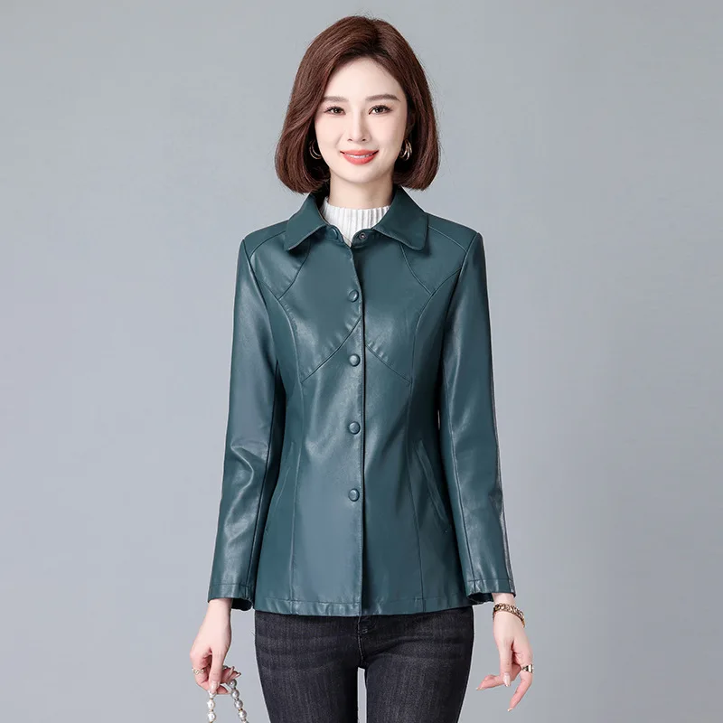

New Women Leather Coats Autumn Winter Fashion Lapels Single Breasted Pockets Slim Tops Medium-Long Leather Spliced Women's Coat