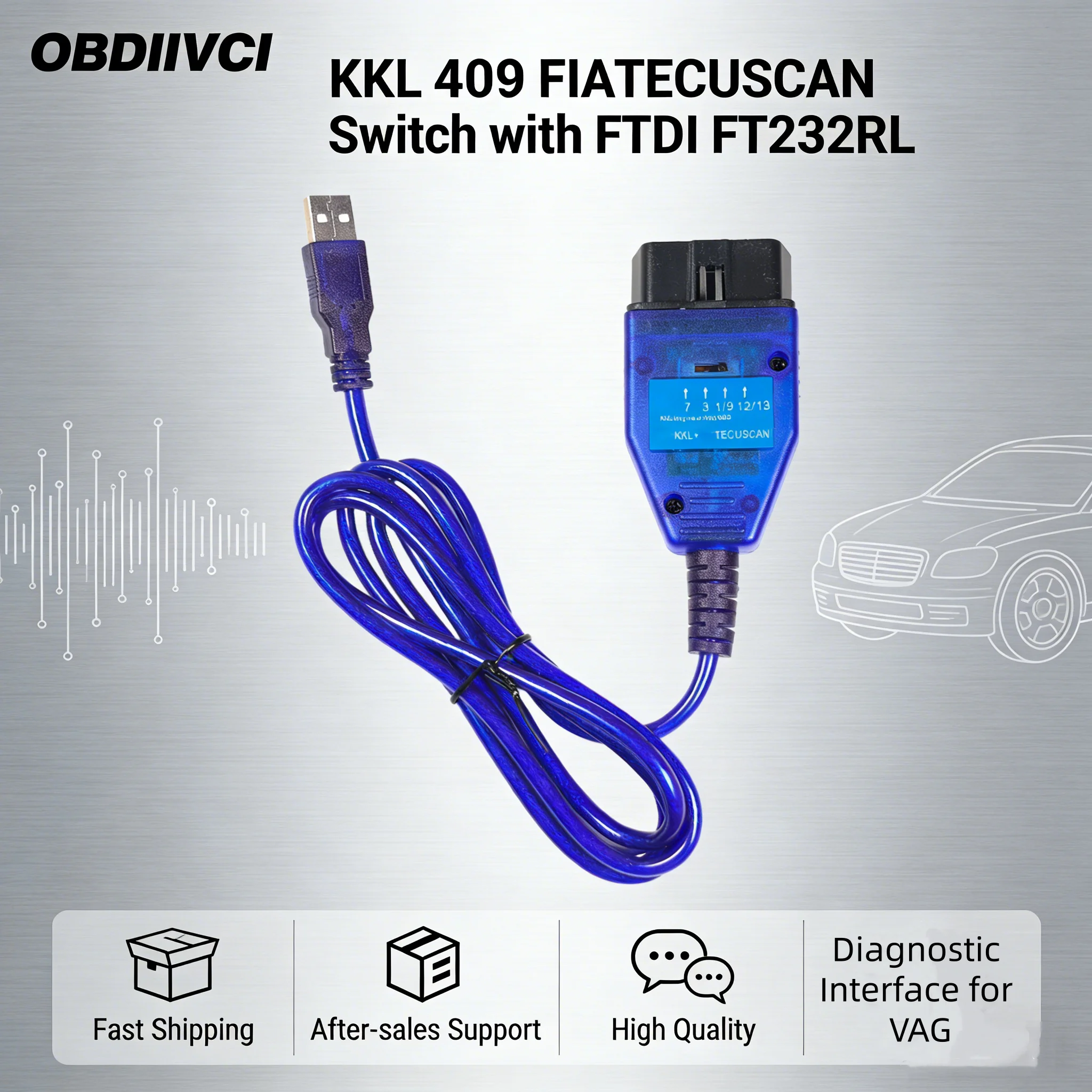 Herramienta de Diagnóstico OBDIIVCI KKL 409 con Chip Ftdi232rl para VAG 409.1, Material Duradero, Escáner de ECU Fiat KKL 409 con Interruptor