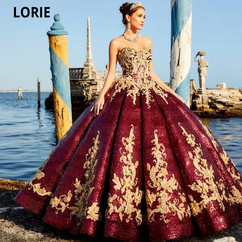 فساتين LORIE-Quinceanera مع ترتر لامع ، ثوب حفلة ، زينة على شكل قلب ، فساتين حفلات الأميرة ، 15