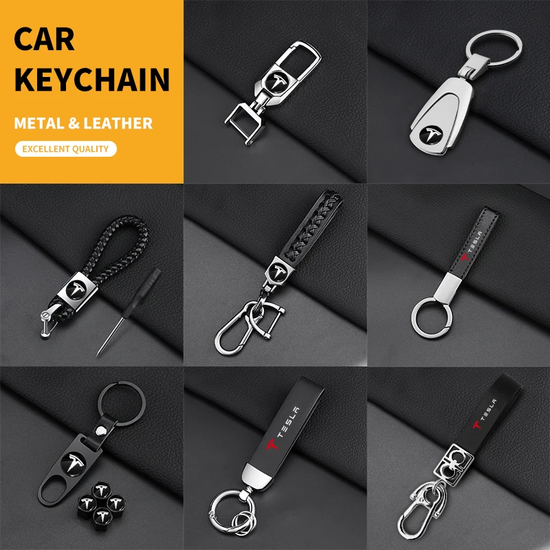 3D Metal/Leather/Nylon Car Badge Keychain Braided Key Lanyard Key Rings Logo for Tesla Model 3 2021 S X Y Style Roadster Invader