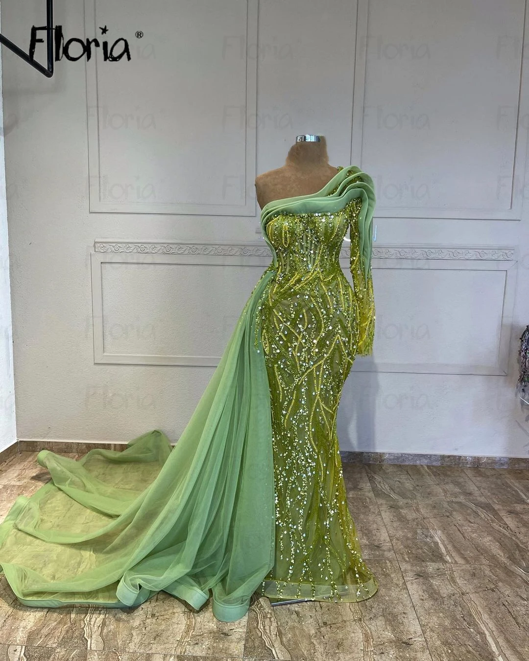 Lime Green Pearls Long Evening Dress Luxury Tulle Train Off Shoulder Celebrity Prom Dresses Plus Size Custom Made вечернее плать