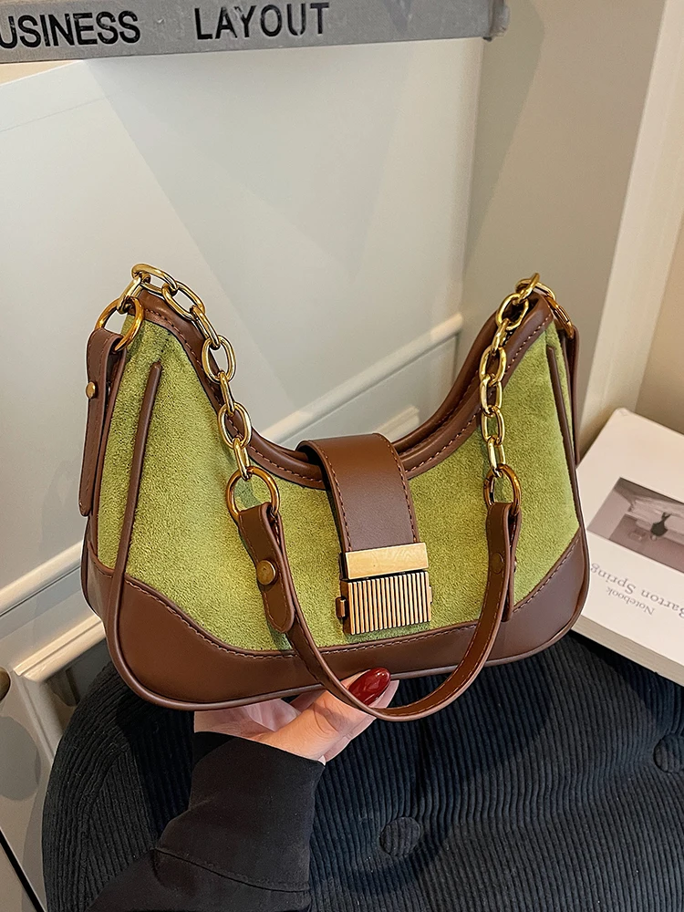 

Французские ретро женские сумки на плечо из искусственной замши из искусственной замши, классическая темпераментная модная сумка-мессенджер с цепочками, шикарная трендовая сумка подмышками