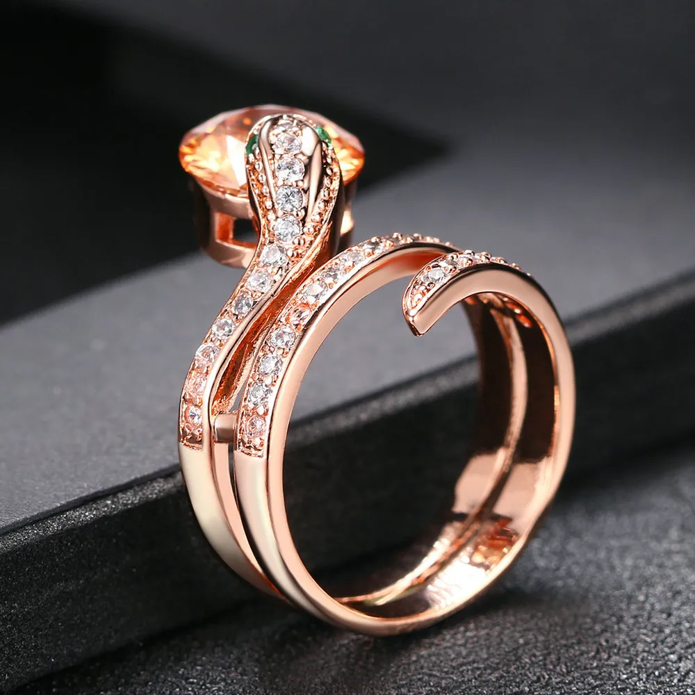 Snake Rings for Women Rose Gold Color Orange Crystals Cocktail Ring for Female Party Evening Accessories Fashion Jewelry R149