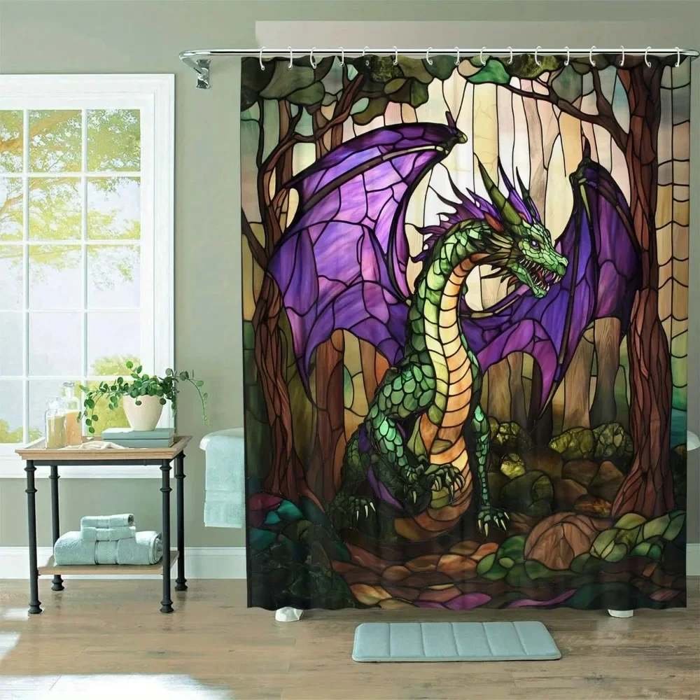 Purple Winged Dragon Theme Shower Curtain Waterproof Suitable for Room Home Hotel Machine Washable Curtain Waterproof Bathroom
