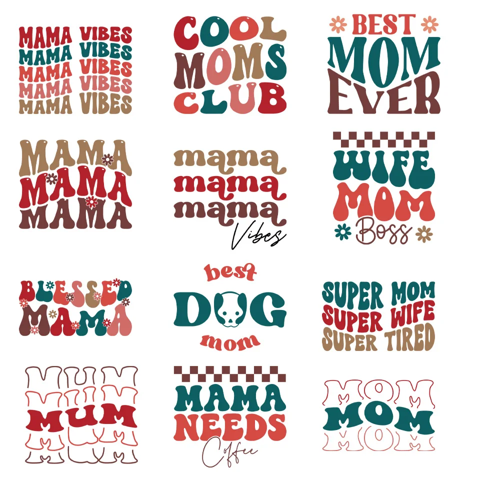 12piece Super Mom Children's Cartoon Stickers  Iron On Transfers On Clothes  DIY Thermal Stickers For T-Shirt Decals Patch