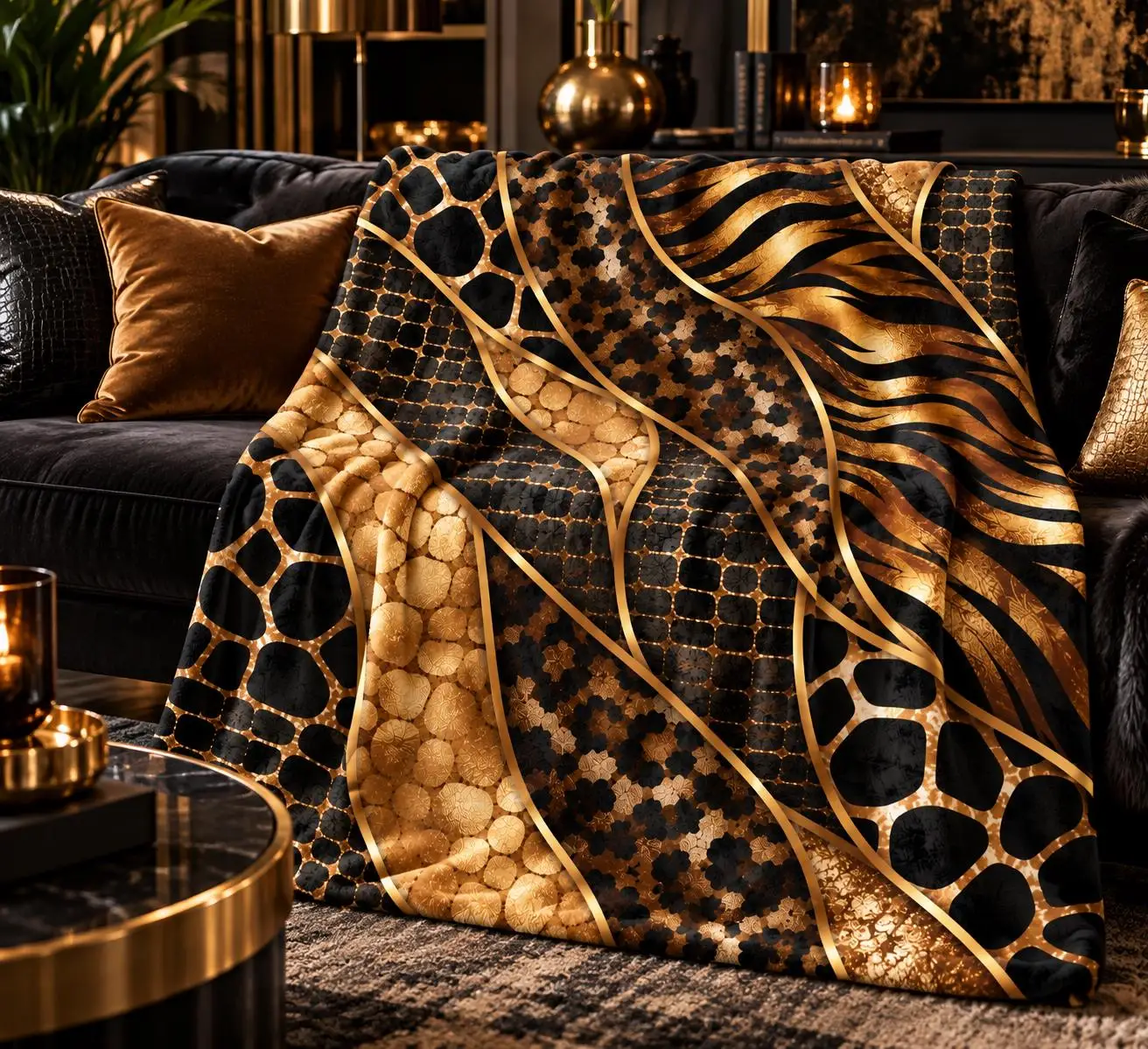Luxury Gold and Black Animal Print Throw Blanket Cozy Sofa Couch Decor Plush Throw for Living Room