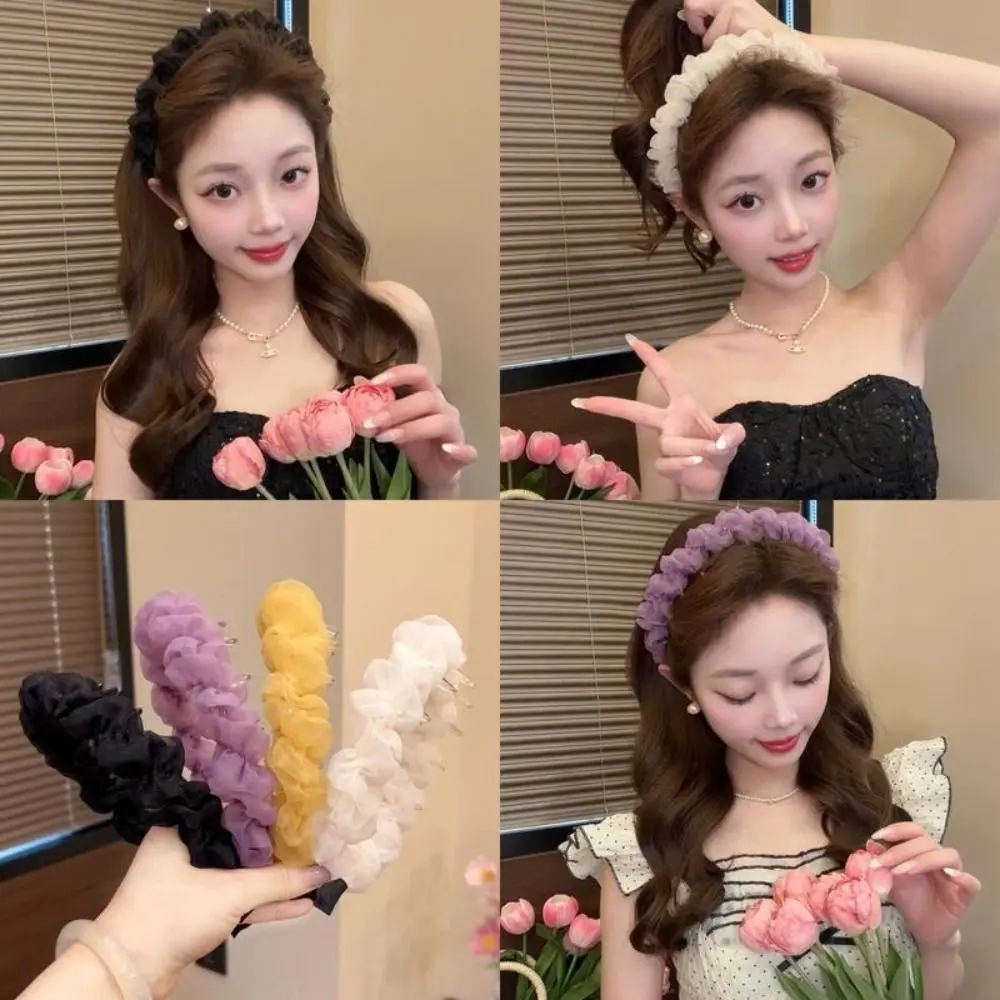 

Fashion Solid Color Hairband Pleated Lace Mesh Hair Hoop Elegant Headwear Hair Accessories