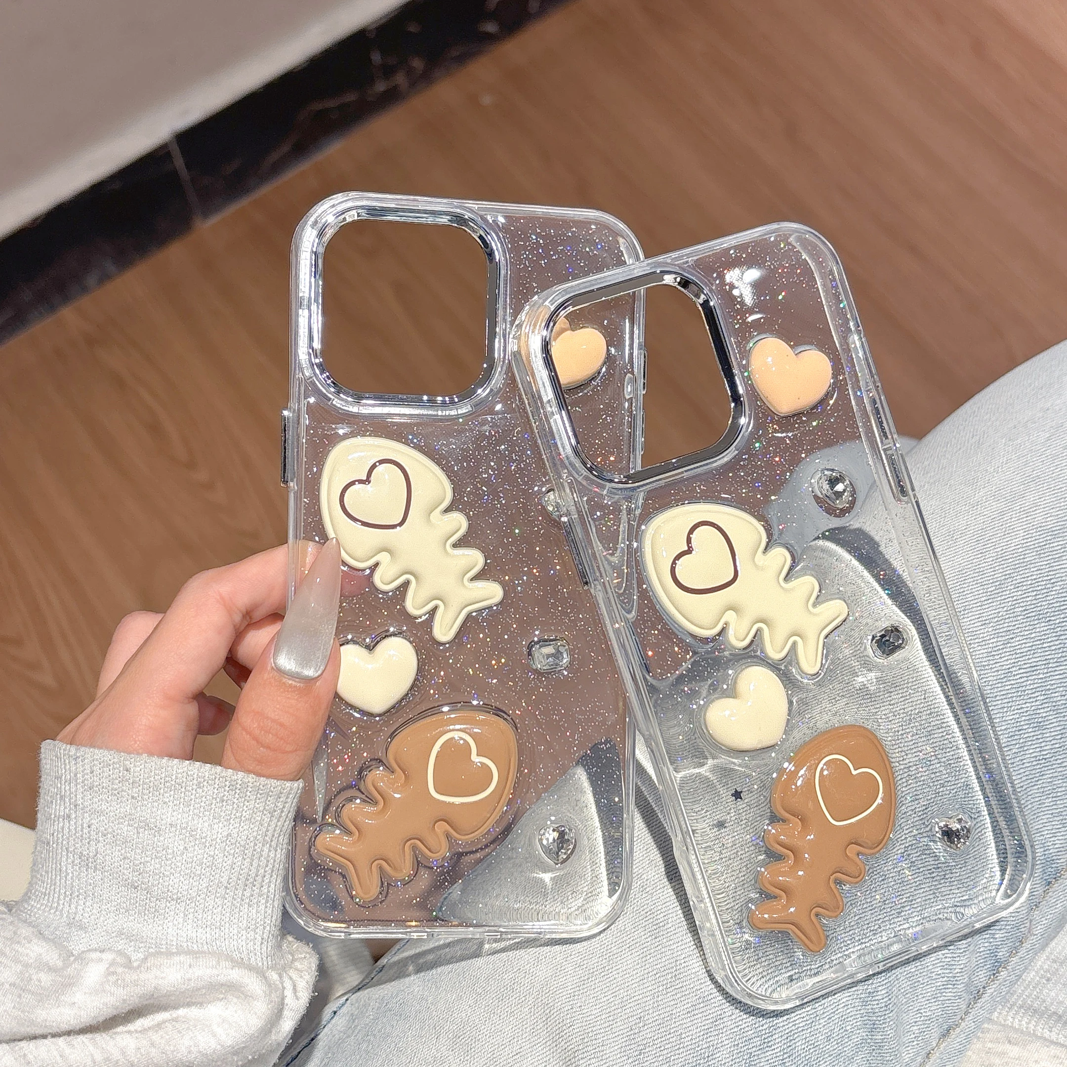 

IPhone 16 15 14 13 12 11 16promax 15PLUS new personalized creative 3D fishbone phone case transparent protective cover