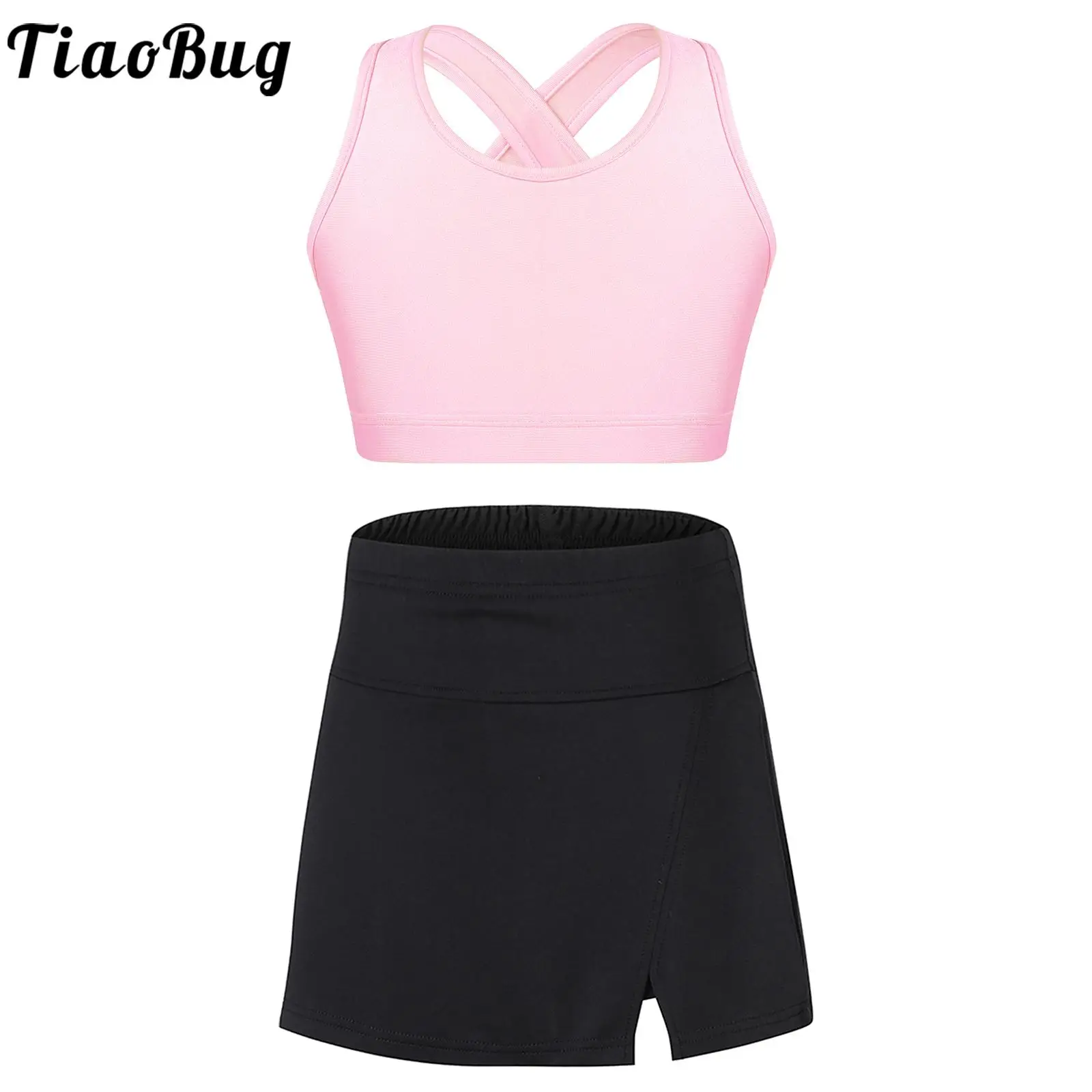 Kids Girls Quick Dry Sports Suits Sleeveless U Neck Shoulder Straps Criss Cross at Back Crop Top with Side Slit Skort Skirt