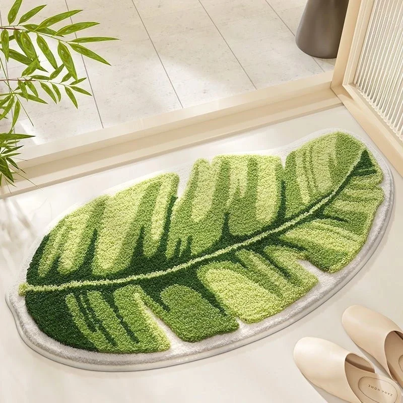 Soft Fluffy Leaf Shaped Bath Mat, Non Slip Water Absorbent Bathroom Rug, Faux Cashmere Tropical Plant Mat For Toilet Entryway