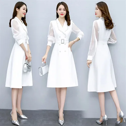 

Solid Color Ladylike Commuter Mid-length Dress 2024 Spring Dress for Women White Dress