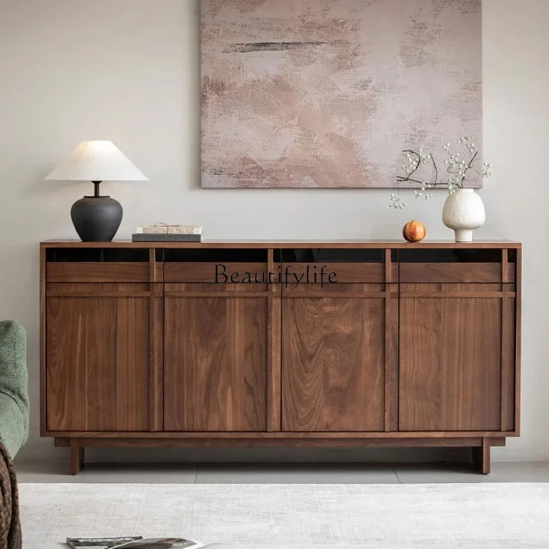 

01Black walnut dining side cabinet, solid wood retro bucket cabinet, wabi-sabi wind side cabinet