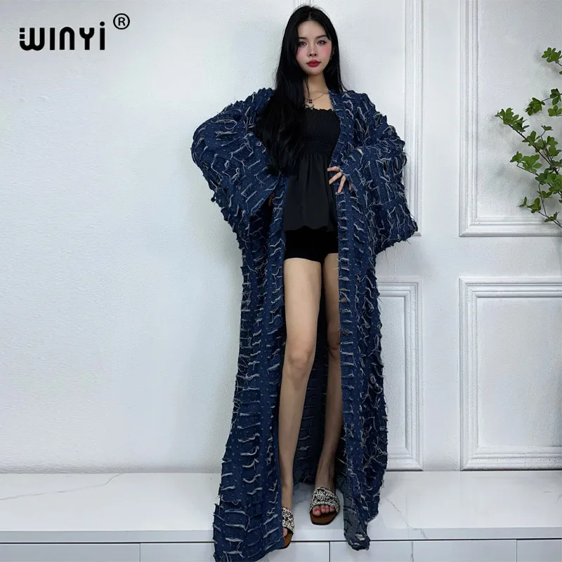 WINYI new faashion coat for women new 2023 Loose OverCoat autumn Hollow denim long down coat swimsuit cover up winter kimono