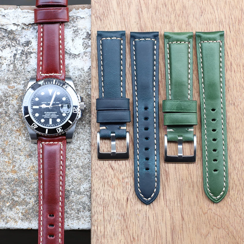 

Genuine Leather Watch Strap 18mm 20mm 22mm Green Blue Vintage Watch Band Replacement Wristband Handmade Stitching Watchband