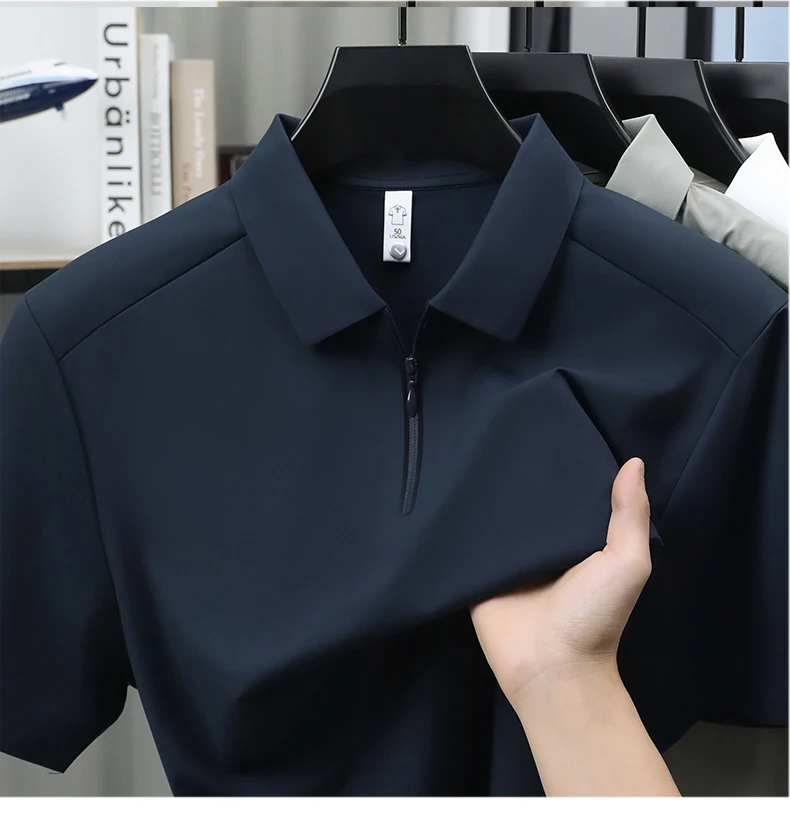 Luxuriöses Herren-Poloshirt mit halbem Reißverschluss kurzärmelig einfarbig hochwertige Eisseide atmungsaktiv Sommer neu lässig modisch T-Shirt – Detail 11
